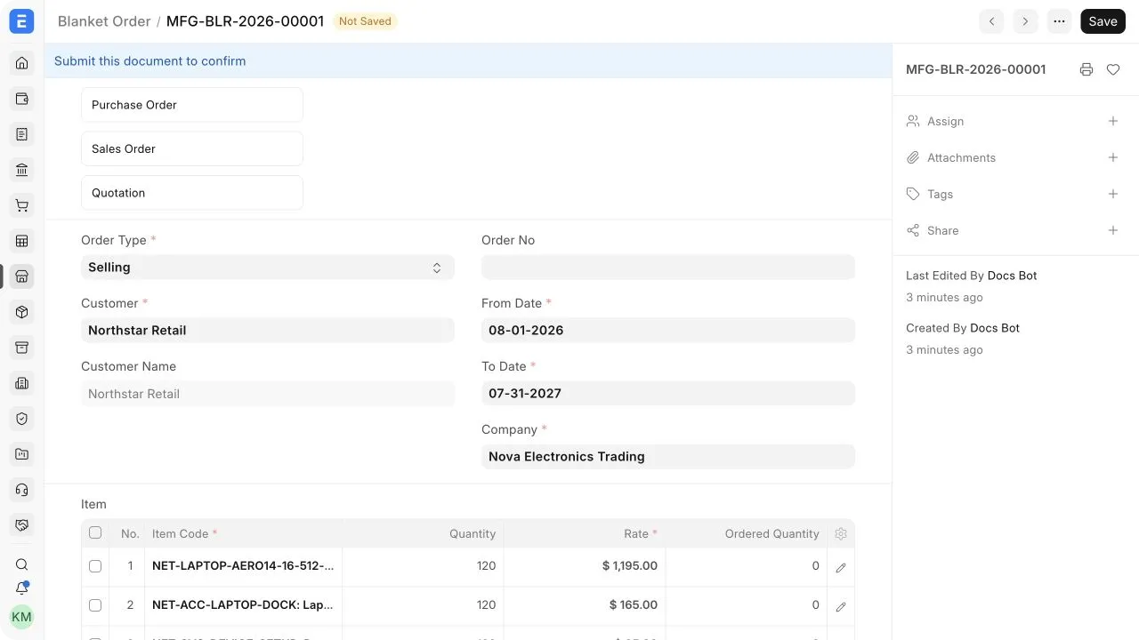 Рамкове замовлення з контрагентом-покупцем, періодом дії, організацією, номенклатурою за зобов'язанням, кількостями, цінами та замовленими кількостями.