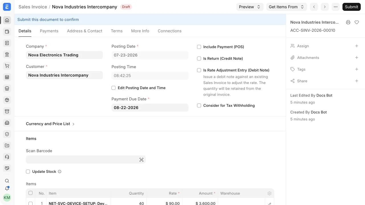 Рахунок-фактура, де організація — Nova Electronics Trading, а клієнт — Nova Industries Intercompany.