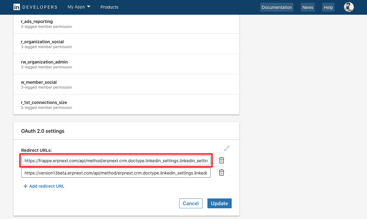 Redirect URL у LinkedIn