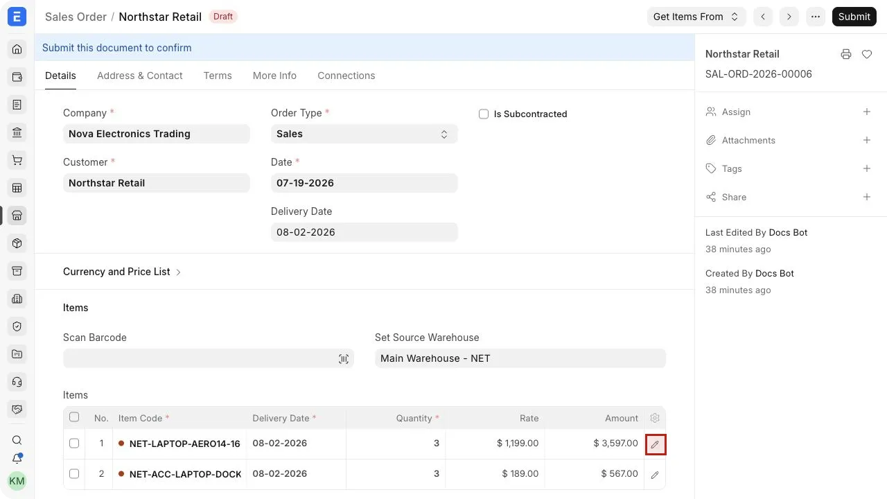 Чернетка замовлення на продаж для Northstar Retail із двома рядками номенклатури; виділено значок олівця, що відкриває редактор рядка.