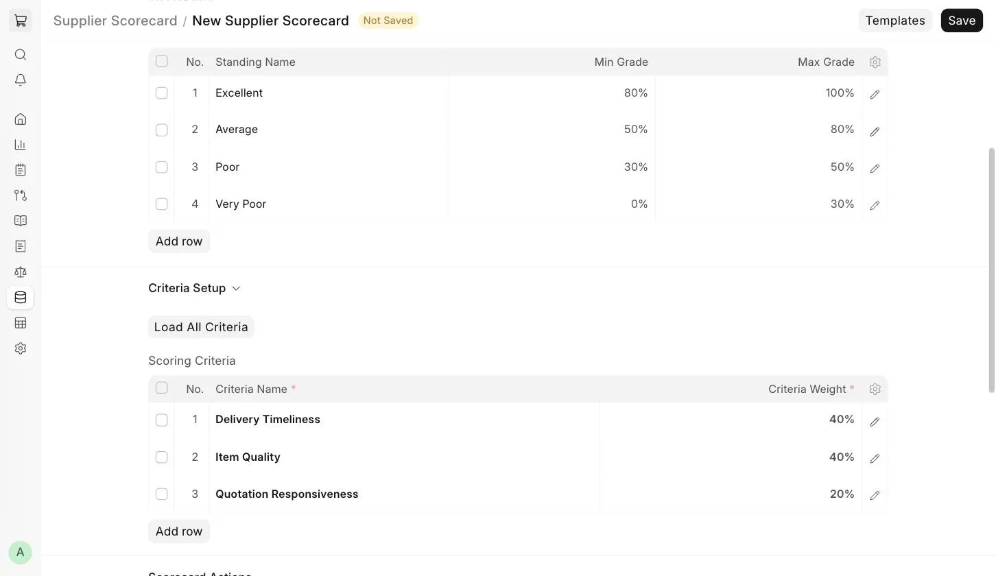 Налаштування критеріїв у картці показників постачальника