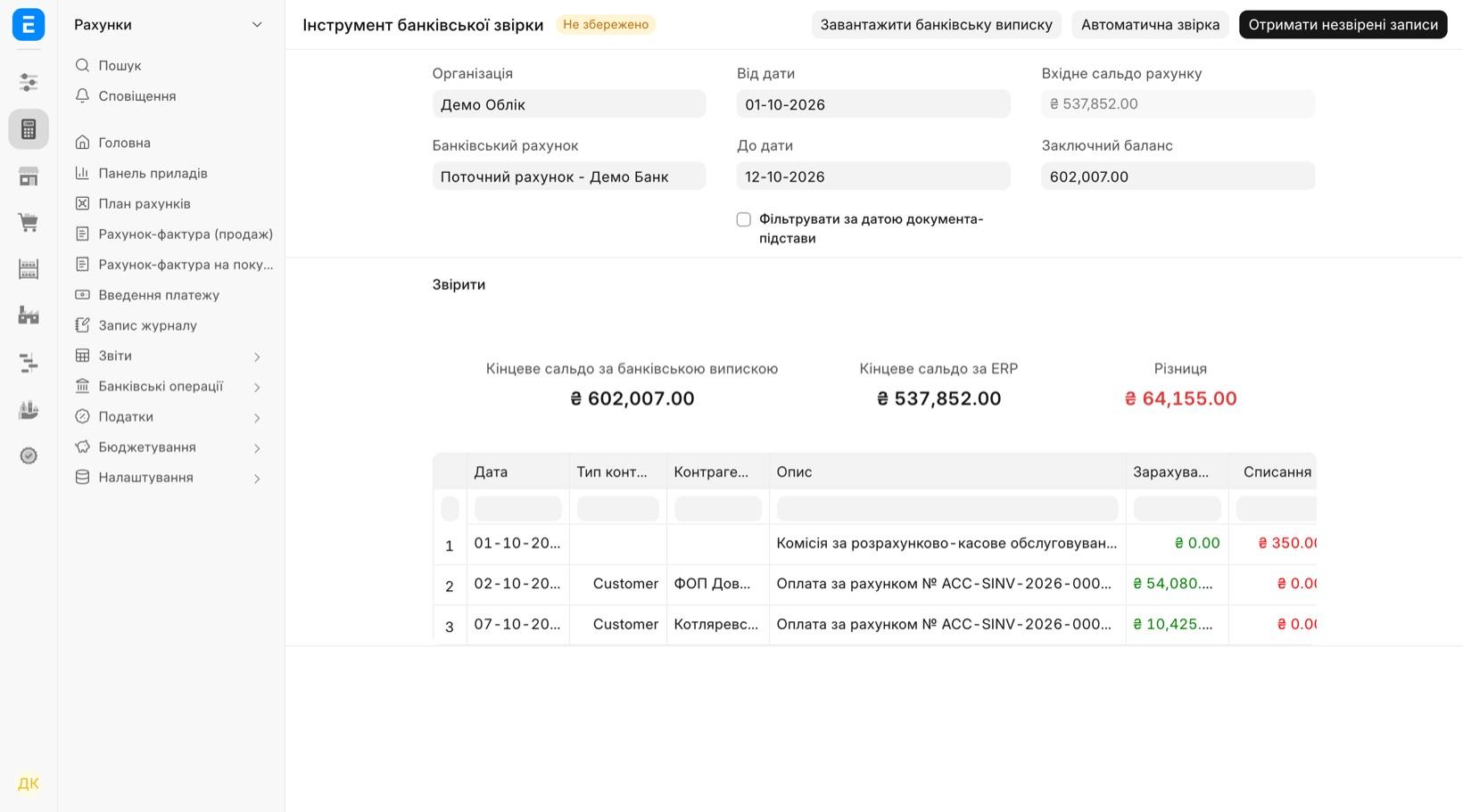 Інструмент банківської звірки: три незвірені рядки виписки, кінцеве сальдо за випискою й за ERP